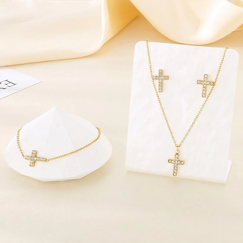 Eleganti Gioielli A Croce Acciaio Inossidabile Strass Collana Bracciale Orecchini A Lobo Accessori Moda Per Donna