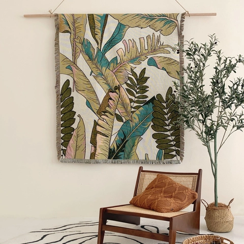 Coperta Intrecciata In Cotone Foglie Tropicali Jacquard Frange Divano Letto Ufficio Camping Nordico Boho Arazzo