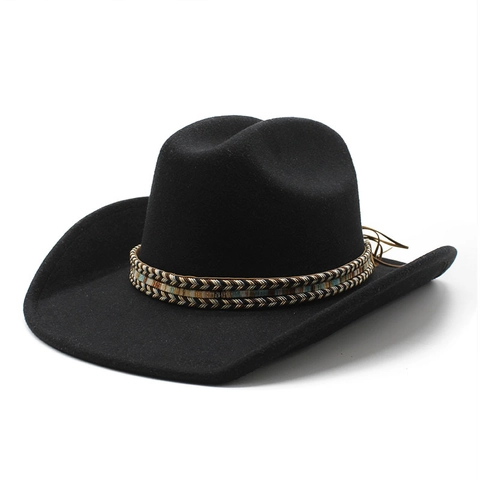 Chapeau Cowboy Western Vintage Laine Bord Large Bande Tissée Décorative Style Ethnique Fedora Pour Hommes Et Femmes