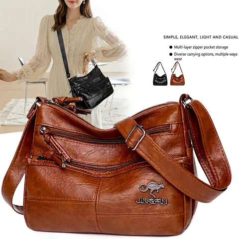 Women Crossbody Bag PU Leather Multi Pocket Retro Shoulder Bag Adjustable Strap Solid Color Soft Texture Travel