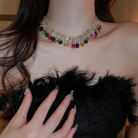 Luxury Rhinestone Tassel Choker Necklace Alloy Geometric Square Multi Color Crystal Statement Jewelry For Women