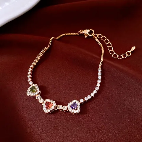 Heart Pendant Bracelet For Women Copper Real Gold Plated With Colorful Zircons Elegant Luxury Jewelry Gift