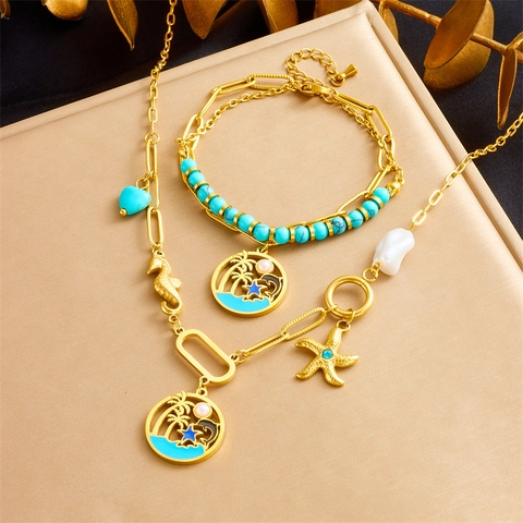 Juego De Joyas De Acero Inoxidable Collar Y Pulsera Con Cuentas De Turquesa Perlas Artificiales Sintéticas Dije Marino Chapado En Oro Para Mujer