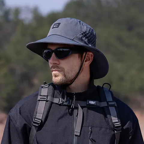 Men Outdoor Sun Bucket Hat Wide Brim Breathable Mesh Polyester Quick Dry Fishing Hiking Climbing Adjustable Wind Cord