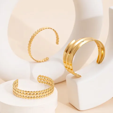 Gouden Open Armband Dames Roestvrij Staal Retro Geometrisch Getextureerd Verstelbaar Manchet Sieraden