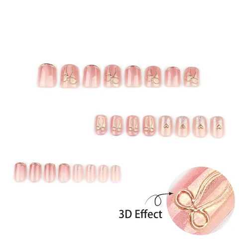 Unghie Press On Occhio Di Gatto Rosa Con Fiocco Dorato Ciondoli A Cuore Quadrato Corto Punte Francesi Glitter