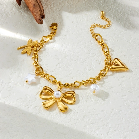 Bracciale Con Charms In Acciaio Inossidabile Placcato Oro Con Pendenti Fiocco Cuore Stella Libellula Perla Artificial Da Donna