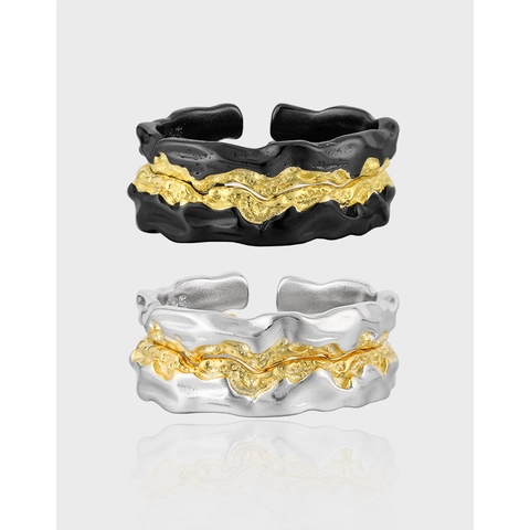 S925 Sterling Zilveren Ring Voor Dames Heren Onregelmatige Lava Textuur Tweekleurig Verguld Open Verstelbare Minimalistische Vingerring