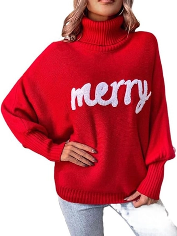 Pull À Col Roulé De Noël Pour Femmes Broderie Lettres Merry Tricoté Coupe Ample Manches Chauve-souris Haut D'Hiver
