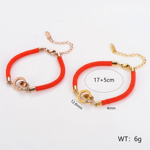 Red Rope Bracelet 304 Stainless Steel Interlocking Double Rings Roman Numerals Rhinestone Adjustable Lucky Jewelry Women