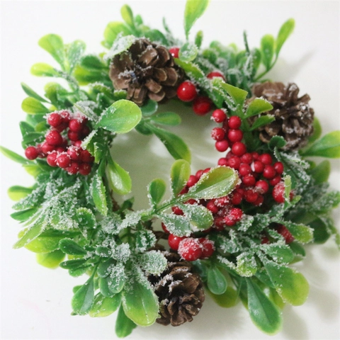 Christmas Candle Holder Wreath With Glass Cup Artificial Leaves Red Berries Natural Pine Cones Frosted Snow Holiday Decoration