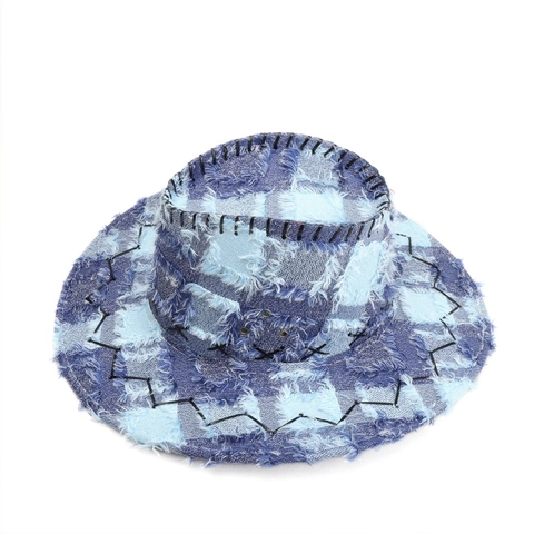 Δυτικό Καπέλο Κάουμποϊ Vintage Patchwork Ξεφτισμένες Άκρες Καρό Έθνικ Τζαζ Με Ρυθμιζόμενο Σχοινί Ανέμου