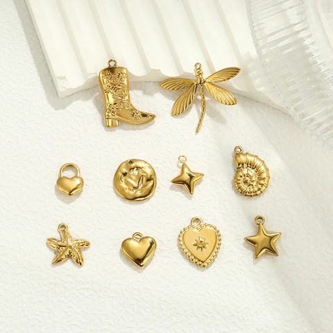 Stainless Steel Charms Pendants 18K Gold Plated Dragonfly Starfish Heart Boot For DIY Jewelry Making