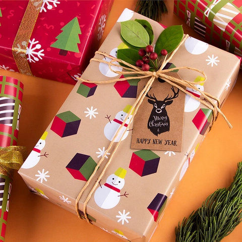 Christmas Gift Wrapping Paper Santa Reindeer Snowflake Patterns Art Paper Holiday Birthday DIY Decorative Kraft Style