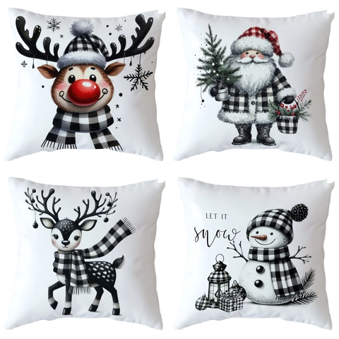 Taie Oreiller Noël Peluche Courte Douce Père Noël Renne Bonhomme Neige Carreaux Noir Blanc Déco Hiver