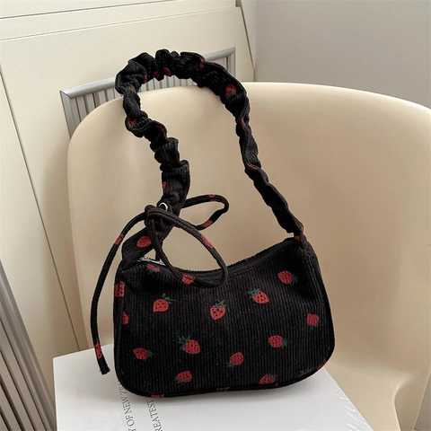 Aardbei Print Corduroy Okseltas Voor Dames Ruches Band Met Strik Decor Kawaii Zoete Esthetische Schouder Handtas