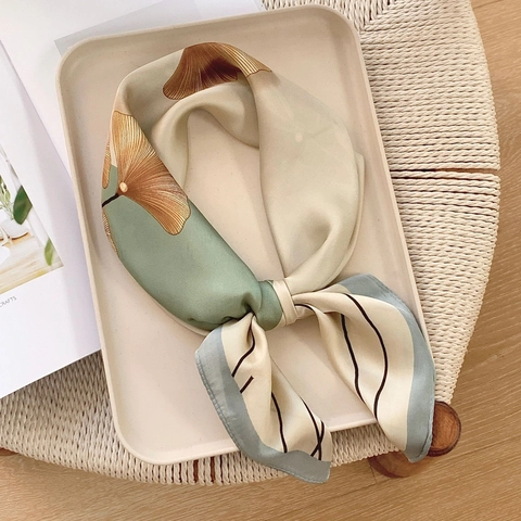 Elegant Square Scarf Ginkgo Leaf Print Polyester Satin Like Fashion Neck Head Accessory Handbag Wrap For Women