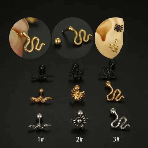 Snake Spider Stainless Steel Ear Studs Gothic Punk Cartilage Piercing Jewelry For Men Women Screw Ball Back