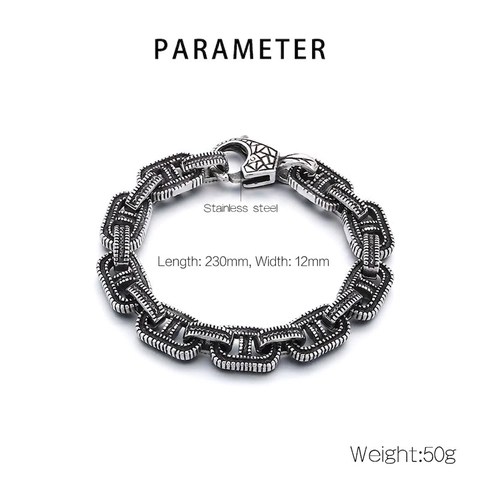 Men Vintage Distressed Titanium Steel Patterned Link Chain Bracelet Industrial Punk Style Gothic Jewelry Accessories