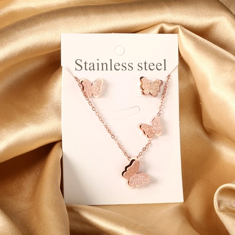 Butterfly Necklace And Earrings Stainless Steel Double Layer Frosted Wings Ins Style Fashion Jewelry For Women