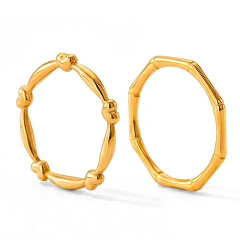Trendy Stainless Steel Heart Bamboo Joint Rings For Women Retro Gold Plated Minimalist Finger Ring Jewelry Fashion Accessory