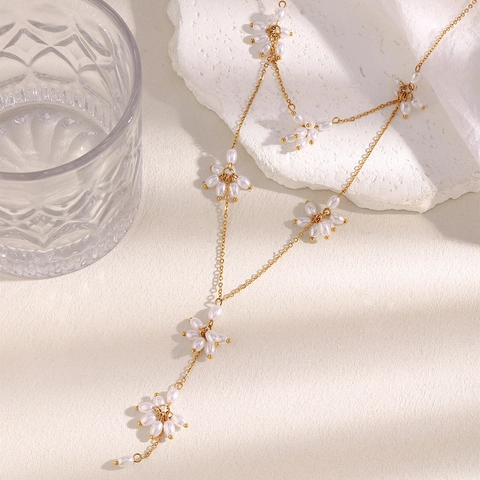 Stainless Steel Flower Lariat Necklace 18K Gold Plated Woven Imitation Artificial Pearl Tassel Y Shape Elegant Niche For Women