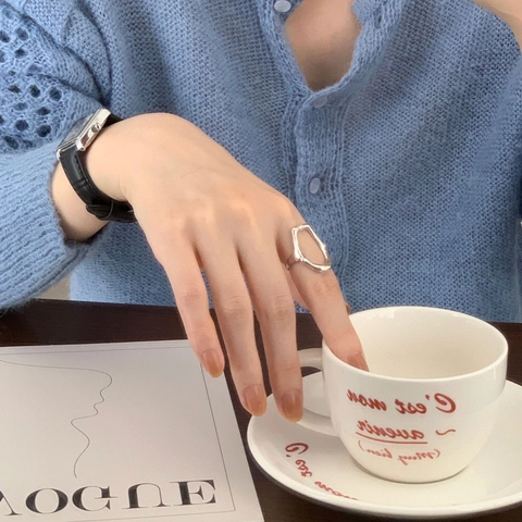 Irregular Geometric Ring 925 Sterling Silver Hollow Liquid Metal Organic Shape Adjustable Open Band For Women Minimalist