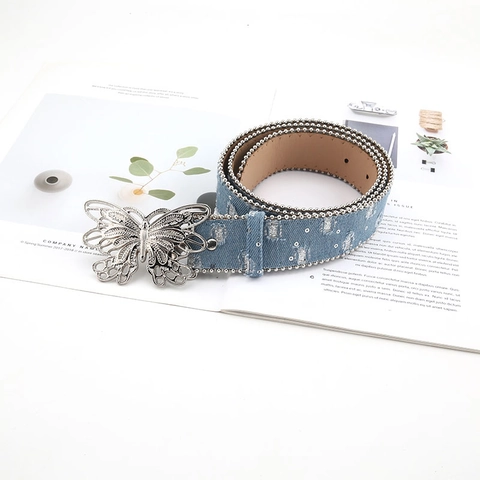 Damen Denim Gürtel Mit Silberner Schmetterlingsschnalle Abgenutzter Strass Y2K Mode Taillengürtel Für Jeans Damen Accessoire