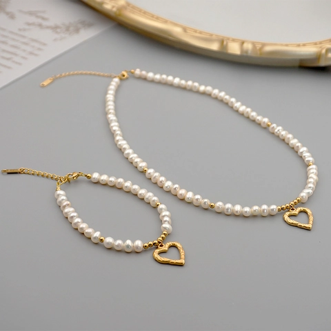 Collana Bracciale E Orecchini Pendente Cuore Perla D'acqua Dolce Gioielli Retro Acciaio Inossidabile Donna