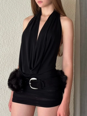 Sexy Allacciato Al Collo Scollo V Profondo Clubwear Poliestere Spandex Mini Abito Volant E Gonna Lunga Mesh Donna