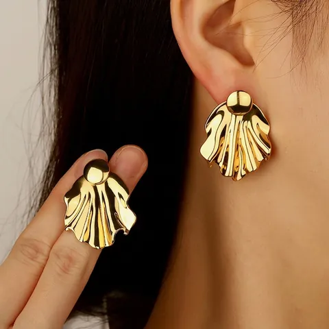 Stainless Steel Stud Earrings Pleated Fan Shape Fish Tail Texture Dual Way Wear Exaggerated Luxury Jewelry For Women