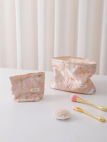 Bolsa De Cosméticos Jacquard Patrón Floral Gran Capacidad Organizador De Maquillaje Viaje Mano Rosa Oro