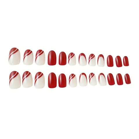 Press On Nails Kort Ovaal Rood Franse Manicure Wit Gestreepte Afneembare Kunstnagels Glanzend Plastic Chic