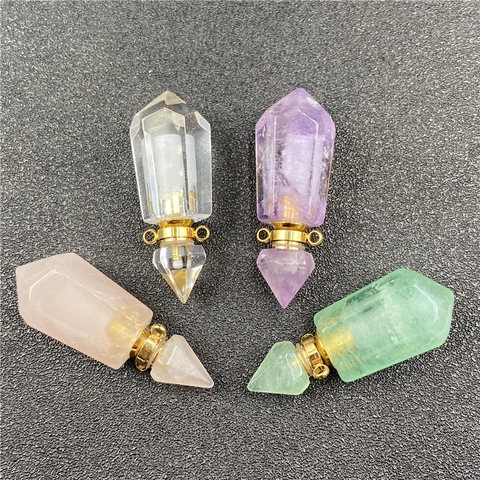 Natural Crystal Gemstone Perfume Bottle Necklace Hexagonal Cone Openable Aromatherapy Essential Oil Diffuser Pendant Healing Jewelry