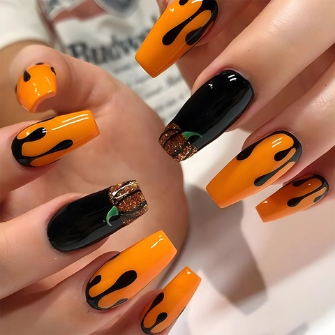 Halloween Künstliche Fingernägel Orange Schwarz Tropfen Kürbis Sargform Glitzer Glänzend Lang Für Frauen Party