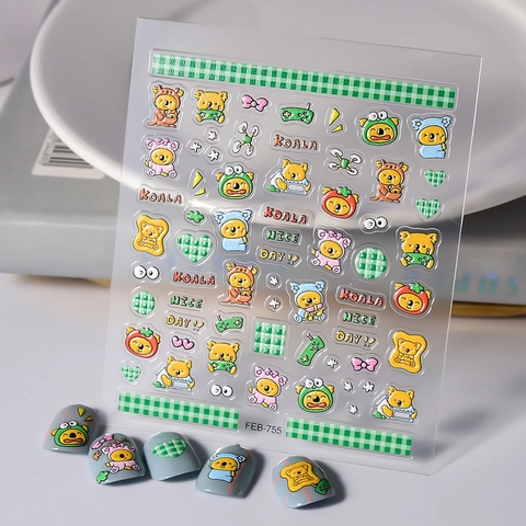 5D Relief Nail Stickers Cartoon Koala Pattern Waterproof Self Adhesive Cute Animal Heart Checkerboard For DIY Manicure