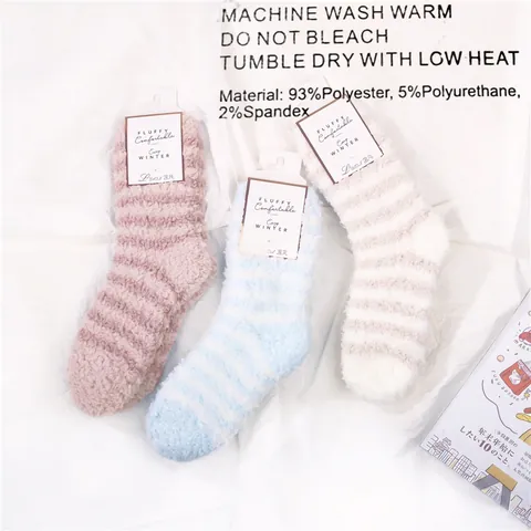 Chaussettes De Sommeil Mi Mollet Femme Molleton De Corail Épais Chaud Rayé Peluche Intérieur Hiver Doux Thermique