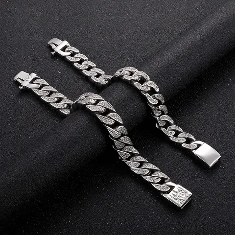 Men Cuban Link Bracelet 316L Stainless Steel Pave Zircon Rhinestone Hip Hop Rock Streetwear Jewelry