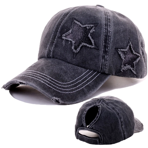 Women Washed Cotton Ponytail Baseball Cap Distressed Vintage High Bun Sequined Star Adjustable Street Style Hat