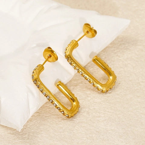 Boucles D'oreilles Créoles Rectangulaires En Acier Inoxydable Plaquées Or 18K Zirconia Bijoux Minimalistes Pour Femmes