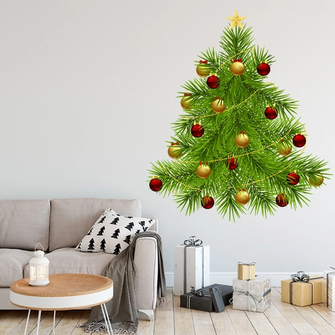 Christmas Tree Wall Sticker PVC Waterproof Removable Decal Colorful Balls Star Decoration Living Room Bedroom