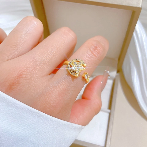 Star Moon Spinning Open Ring Gold Plated Brass Adjustable Dainty Cubic Zirconia Rotating Jewelry For Women Girl Gift