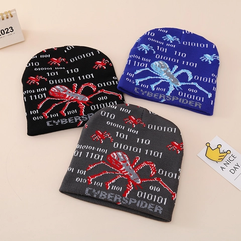 Berretto In Maglia Per Bambini Acrilico Inverno Caldo Motivo Ragno Codice Binario Jacquard Halloween Party Stile Cyber