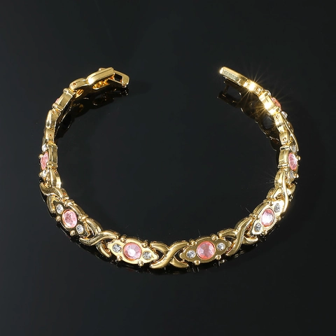 Hip Hop Legierung Armband Mit Rosa Edelsteinen Und Klaren Strasssteinen Mode X-Link Kette Magnetverschluss Schmuck Unisex