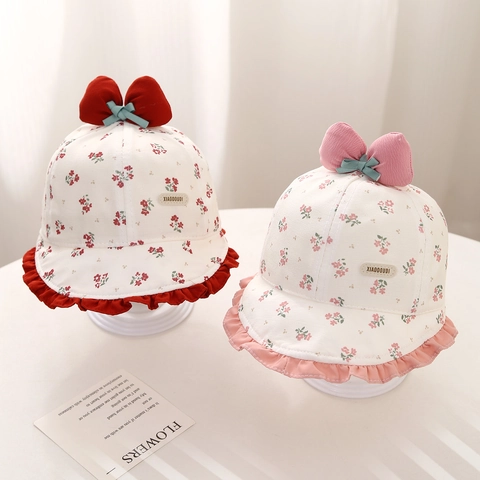 Chapeau Bob Bébé Fille Coton Imprimé Fleuri Grand Nœud Protection Solaire Sortie Printanière Enfant