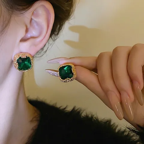 Square Green Zircon Stud Earrings Gold Plated Copper With Silver Earring Post Vintage Luxury Palace Style Women Jewelry