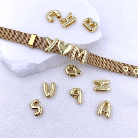 Slide Letter Charms Alphabet Heart Shape Copper Gold Plated Retro Puffy Style For Mesh Band Bracelet Jewelry Accessories