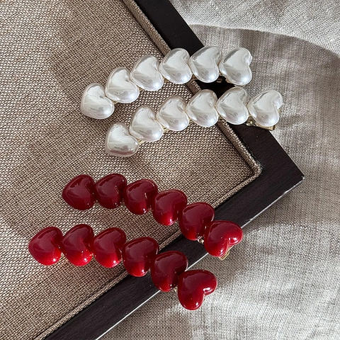 Fermaglio per Capelli in Acetato a Cuore Dolce Elegante Rosso Bianco Perlato Clip Laterale Accessori per Capelli da Donna