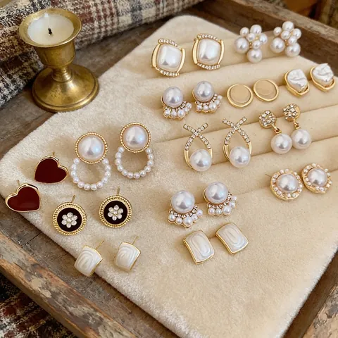 Pendientes Vintage Retro Franceses Para Mujer Con Accesorios De Aleación De Perlas Artificiales Y Diamantes De Imitación Con Poste De Plata