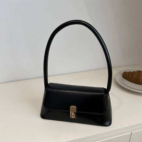 Vintage Women PU Leather Underarm Baguette Bag Solid Color Minimalist Elegant Handbag With Metal Lock For Commuting